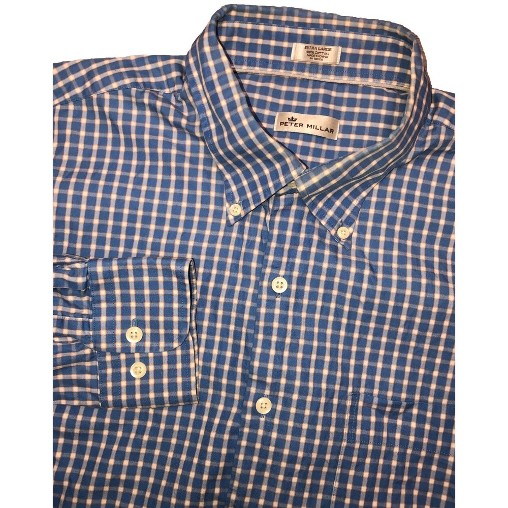 Peter Millar Shirt Men's L Blue Check Button Down *flaw‎